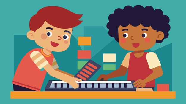 Fingers fly across keyboards as two youngsters work together to create a short stopmotion film