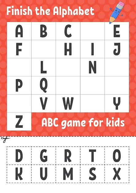 Vector finish the alphabet abc game for kids cut and glue education developing worksheet learning game for kids