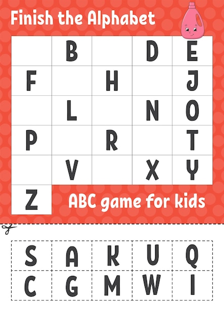 Finish the alphabet ABC game for kids Cut and glue Education developing worksheet Learning game for kids