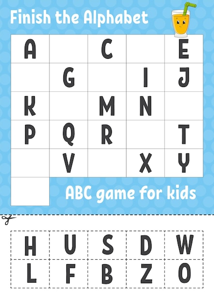 Finish the alphabet ABC game for kids Cut and glue Education developing worksheet Learning game for kids