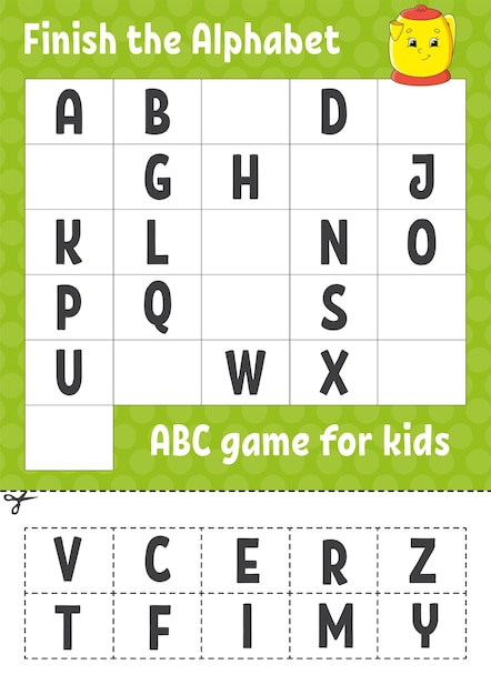 Finisci il gioco dell'alfabeto abc per bambini taglia e incolla foglio di lavoro per lo sviluppo dell'istruzione gioco di apprendimento per bambini