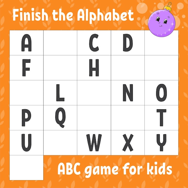 Finish the alphabet abc game for kids education developing worksheet christmas theme