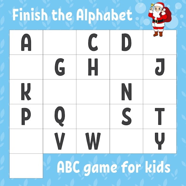 Finish the alphabet ABC game for kids Education developing worksheet Learning game for kids Christmas theme