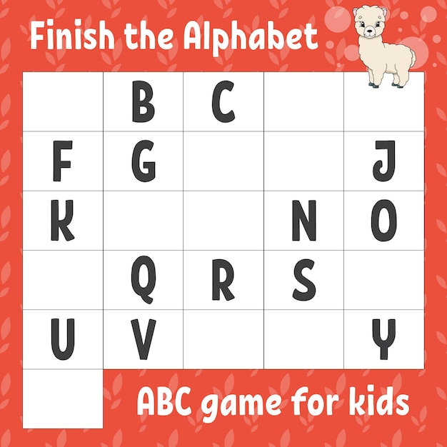 Vector finish the alphabet abc game for kids education developing worksheet learning game for kids color activity page vector illustration