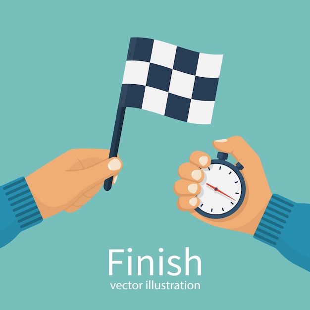 Finish concept Man holding flag and stopwatch in hand Vector illustration flat design Isolated on white background Checkered racing flag Sport competitions Referee signal