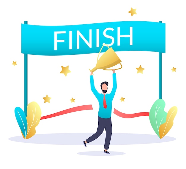 Vector finish line happy businessman with trophy award cup vector illustration finish business deal concept