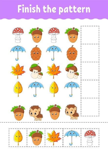 Finish the pattern Cut and play Education developing worksheet Autumn theme Activity page