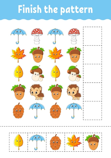 Finish the pattern Cut and play Education developing worksheet Autumn theme Activity page