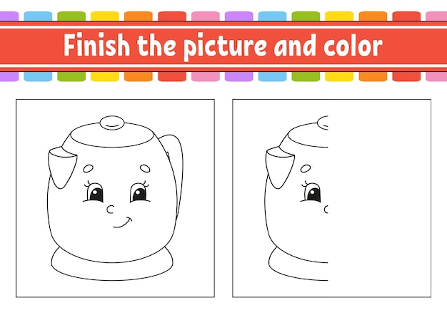 Finish the picture and color cartoon character isolated on white background For kids education Activity worksheet Vector illustration