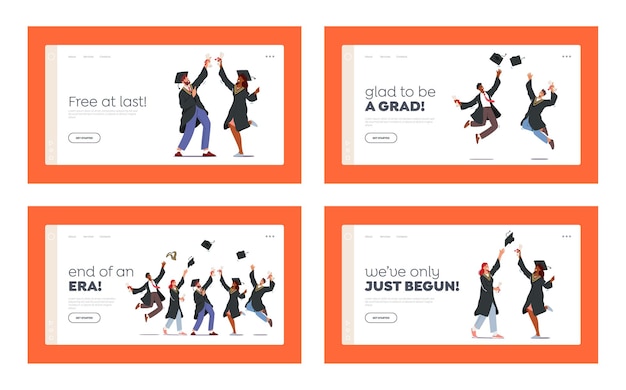 Finish university education landing page template set. characters group in graduation gowns and caps rejoice, jumping, cheering up happy to get diploma certificate. cartoon people vector illustration