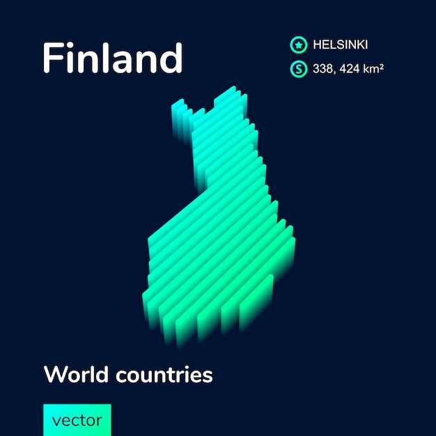 Finland 3D map Map of Finland is in green and mint colors on the dark blue background