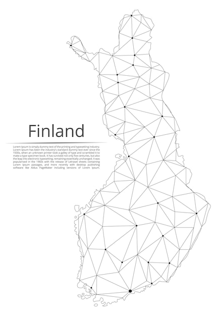 フィンランドの通信ネットワークマップ都市の形でライトが付いている世界地図のベクトル低ポリ画像