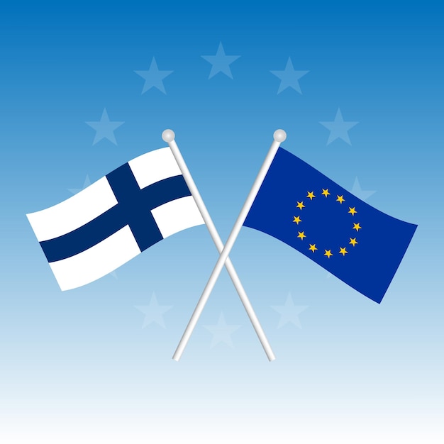 Finland and European Union flags crossed on blue sky. Vector illustration