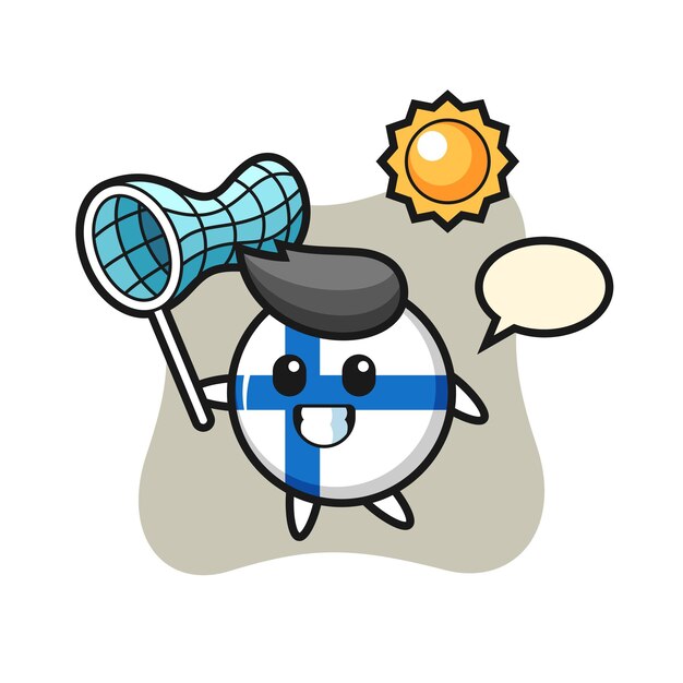 Finland flag badge mascot illustration is catching butterfly, cute style design for t shirt, sticker, logo element