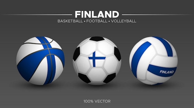 Vettore finlandia bandiera basket calcio pallavolo palle mockup 3d illustrazione vettoriale sport isolato