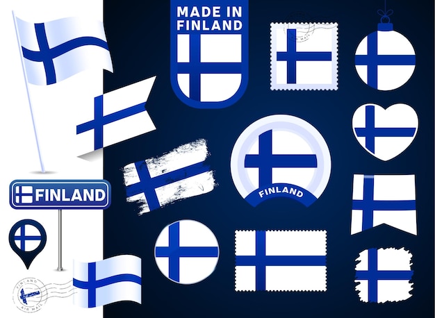 Accumulazione di vettore della bandiera della finlandia. grande set di elementi di design della bandiera nazionale in diverse forme per le festività pubbliche e nazionali in stile piatto. timbro postale, fatto in, amore, cerchio, segnale stradale, onda