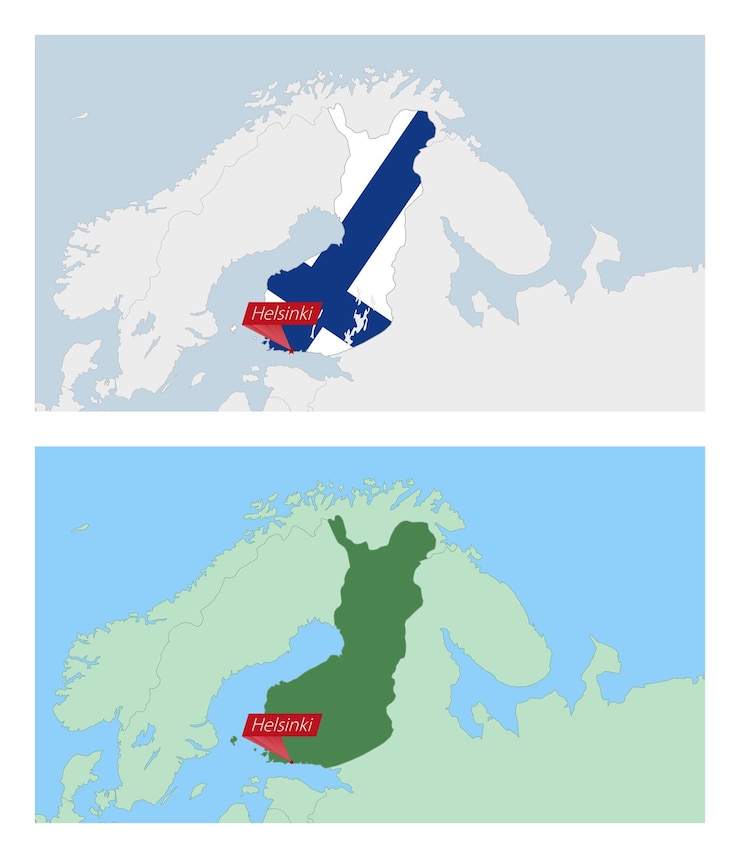 Vector finland map with pin of country capital two types of finland map with neighboring countries