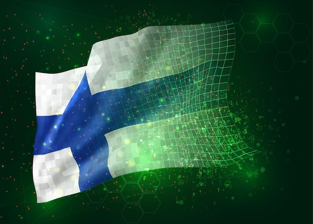 Finland, op vector 3D-vlag op groene achtergrond met veelhoeken en gegevensnummers
