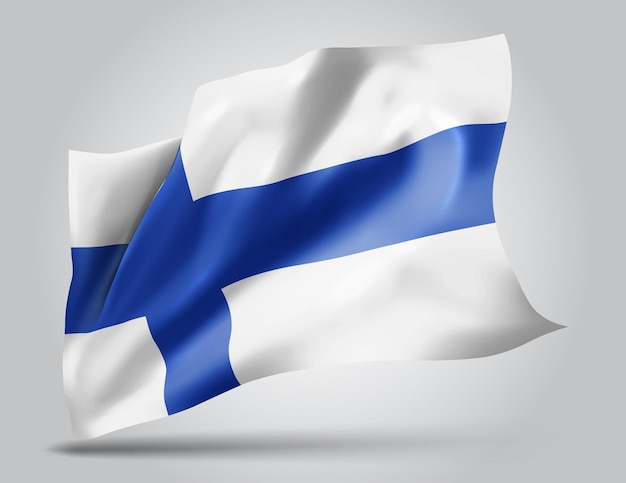 Finland, vector flag with waves and bends waving in the wind on a white background.