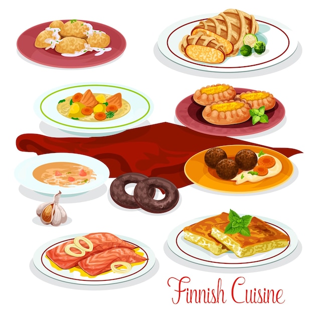 Vector finnish cuisine fish vegetable dish cartoon icons