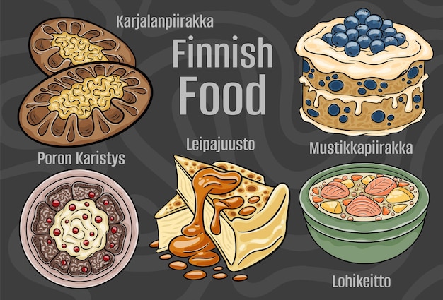 Finnish food A set of classic dishes Cartoon hand drawn illustration