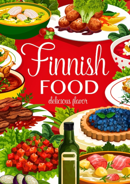 Vector finse keuken maaltijden poster, finland gerechten voor diner en lunch, vector. finse keuken van vis en vlees, wild en gehaktballen, scandinavische zalmsoep, bosbessentaart en rijstepap