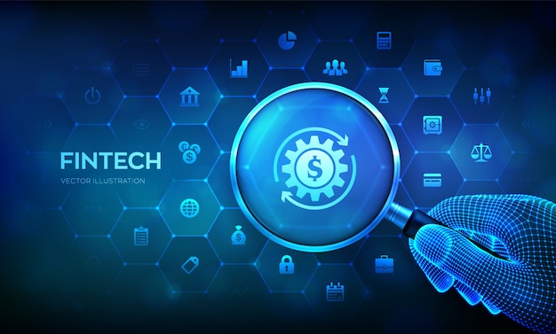 Fintech. Financial technology concept with magnifying glass in wireframe hand and icons.