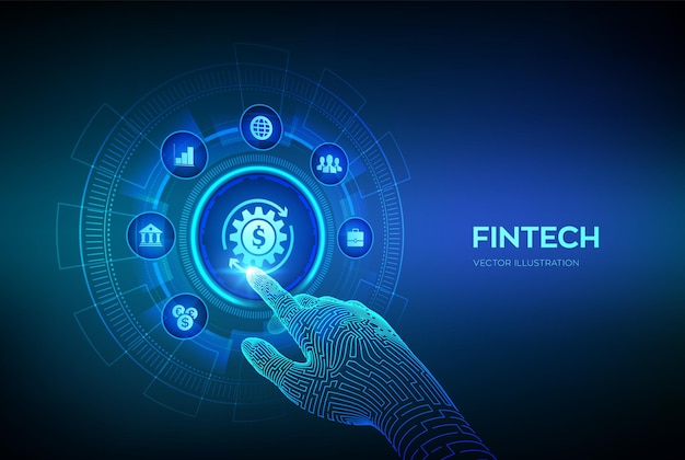 Fintech 금융 기술 온라인 뱅킹 및 크라우드 펀딩 가상 화면에 대한 비즈니스 투자 은행 결제 기술 개념 로봇 손 디지털 인터페이스 벡터 일러스트 레이 션을 만지고