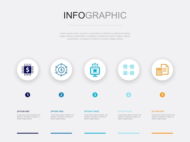 Fintech financiële technologie blockchain boekhoudkundige pictogrammen infographic ontwerpsjabloon creatief concept met 5 stappen