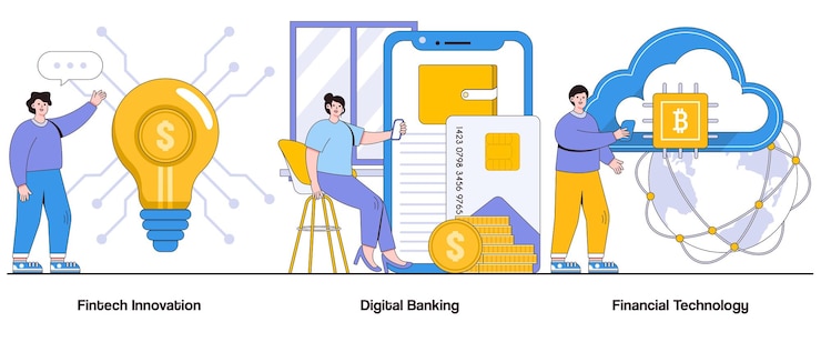 Vector fintech innovation digital banking financial technology concept with character