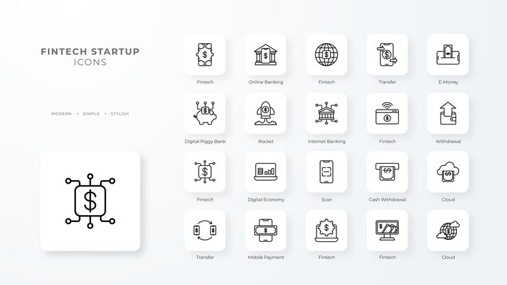 Vector fintech startup icons with black outline style