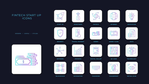 Fintech startup icons with blue gradient outline style