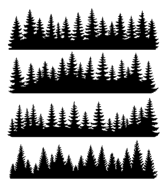 Fir bomen silhouetten instellen naaldhout of sparren bos horizontale achtergrond patronen zwarte dennenbossen vector illustratie mooie hand getekende naaldhout panorama's