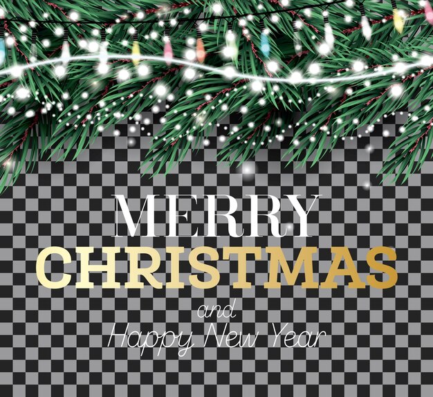Fir Branch with Neon Garland Lights on Transparent Background Merry Christmas Happy New Year