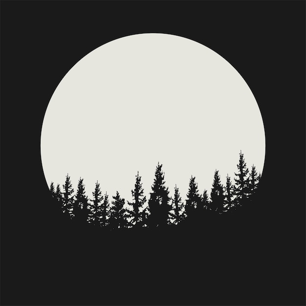 Vector fir forest tree under the moon pine tree silhouettes