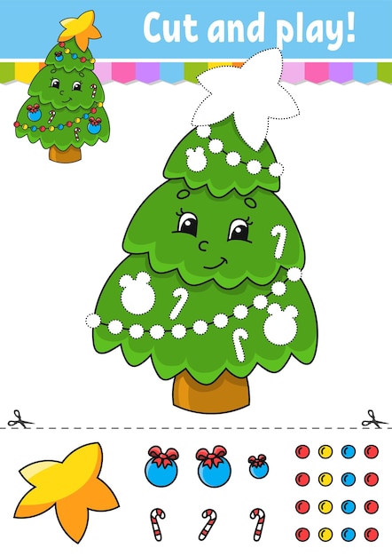 Fir tree Cut and glue Color activity worksheet for kids