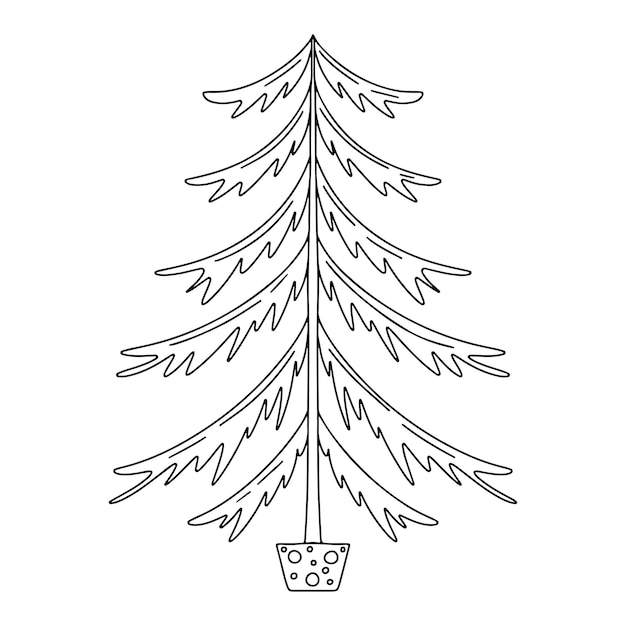 Abete in housepot in stile doodle disegnato a mano semplice illustrazione del vettore dell'albero di natale