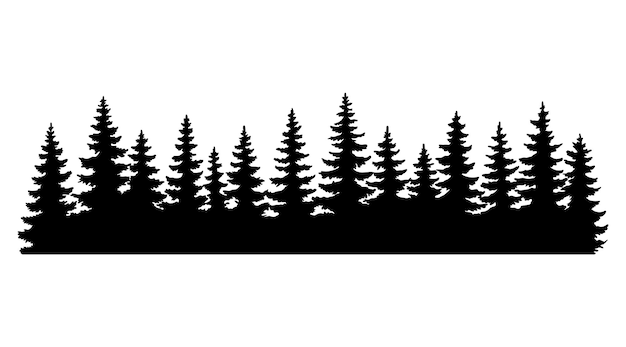 Vector fir trees silhouettes coniferous or spruce forest horizontal background pattern black pine woods vector illustration beautiful hand drawn coniferous panorama