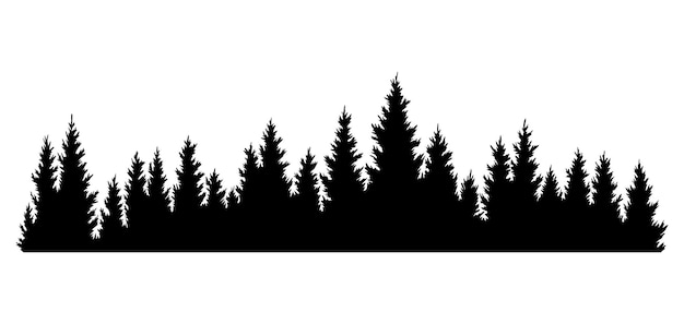 전나무 실루엣 침엽수 가문비나무 가로 배경 패턴 검정 상록수 숲 벡터 그림 나무 꼭대기 숲이 있는 아름다운 손으로 그린 파노라마 검은 소나무 숲