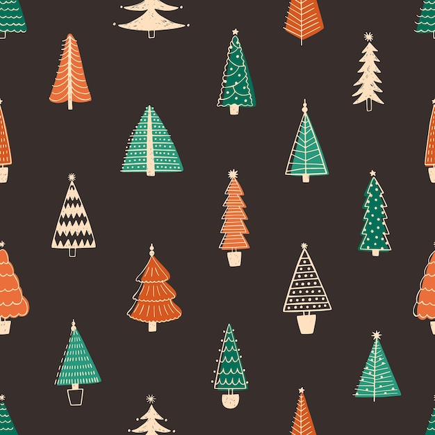 モミの木はシームレスなパターンをベクトルします。黒の背景に手描きのトウヒ。スタイリッシュな冬の壁紙のデザイン。ミニマリストの植物の落書き、新年のシンボル。クリスマスの包装紙、テキスタイル。