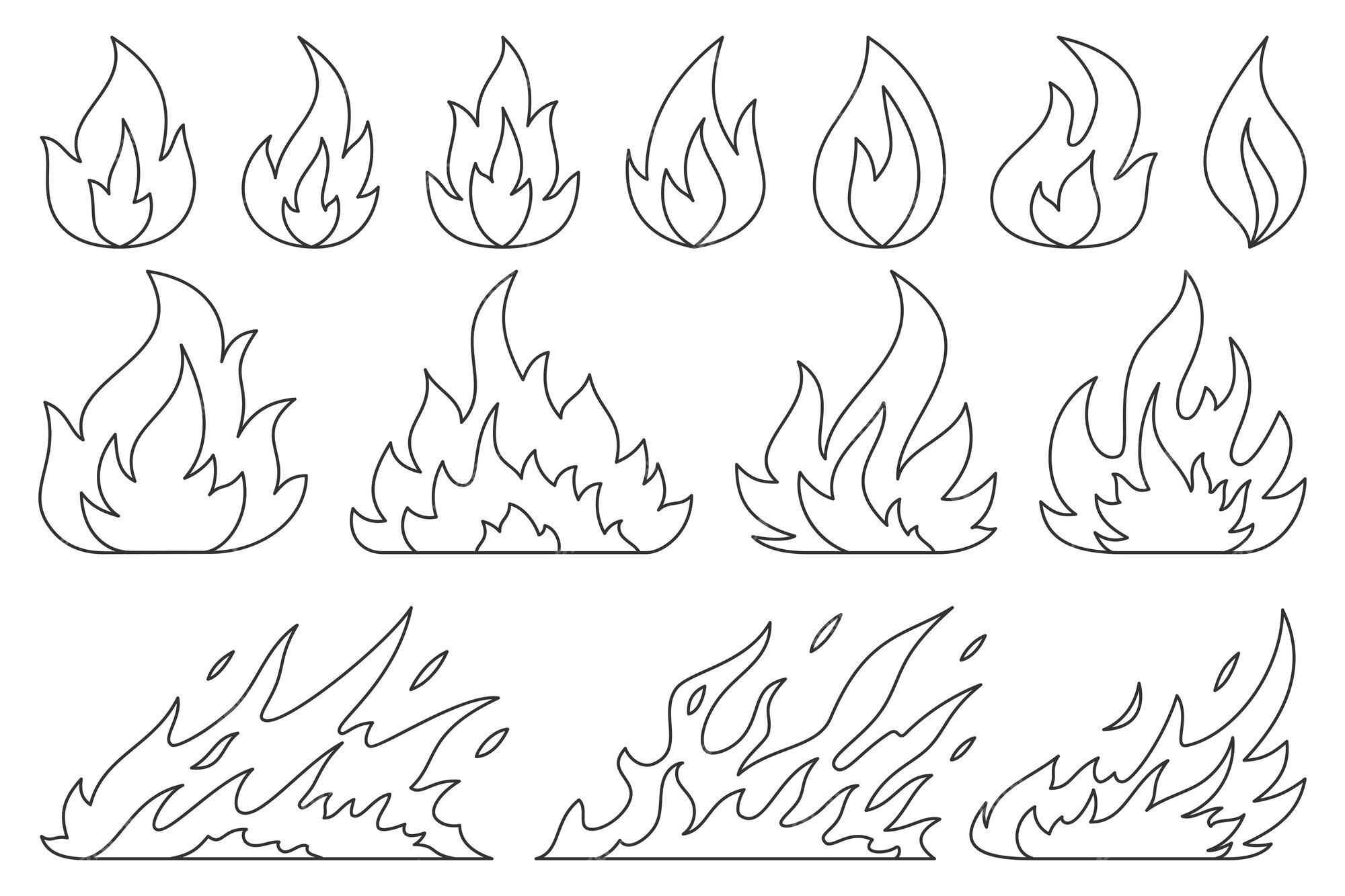 Black isolated outline icon of flame, fire on white background. posters for  the wall • posters white, view, style