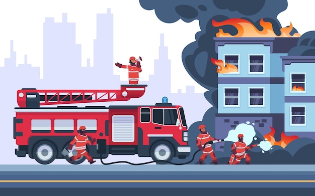 建物を火事します 消防士は燃えている家を消します 緊急事態の労働者は炎を消します プロの制服を着た消防士 階段と水用のホースを備えた車両 ベクトル救助サービス