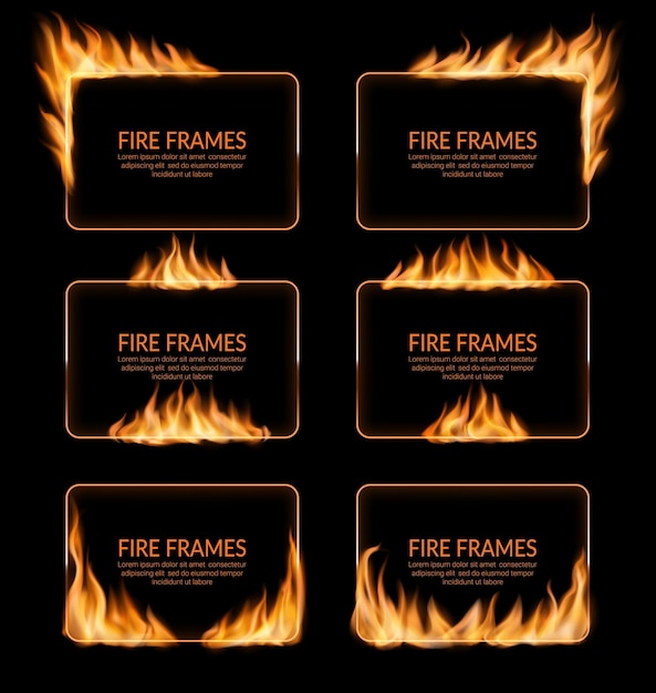 Vector fire burning flame frames, banners and fiery borders