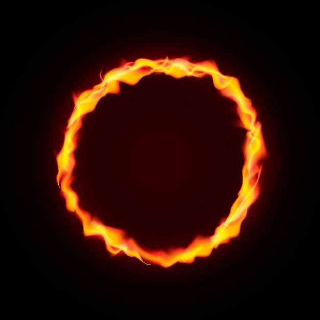 Fire circle frame isolated on dark background Fire burning ring Magic golden circle with copy space Round neon banner Easy to edit vector template for your designs