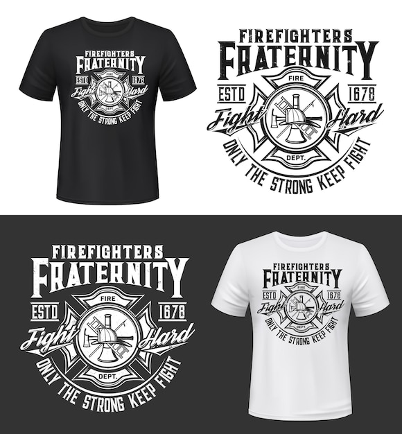 Fire department firefighter emblem t-shirt retro print template. firefighting rescue service apparel vector print. fireman dept maltese cross symbol with helmet and ladder, hook and vintage typography