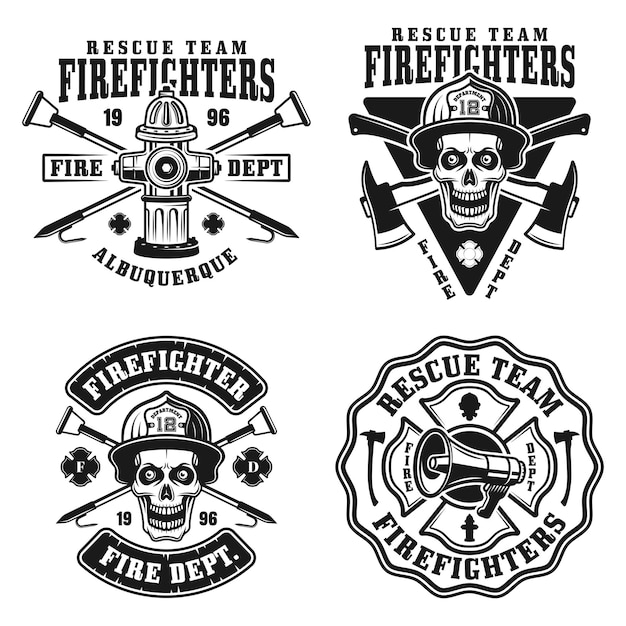 Fire department set of four vector emblems, badges, labels or logos in vintage monochrome style isolated on white background