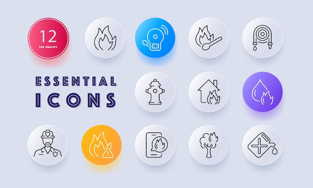Fire department set icon Fire safety siren match hose hydrant house water extinguish firefighter lifeguard telephone tree gasoline Service concept Neomorphism style Vector line icon