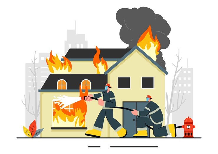 Vector fire department vector illustration featuring firefighters extinguishing house fires and rescuing people in various situations with a flat background