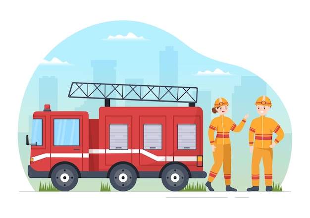 Vector fire department with firefighters extinguishing house in various situations in illustration