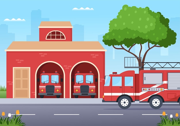 Fire Department with Firefighters Extinguishing House in Various Situations in Illustration